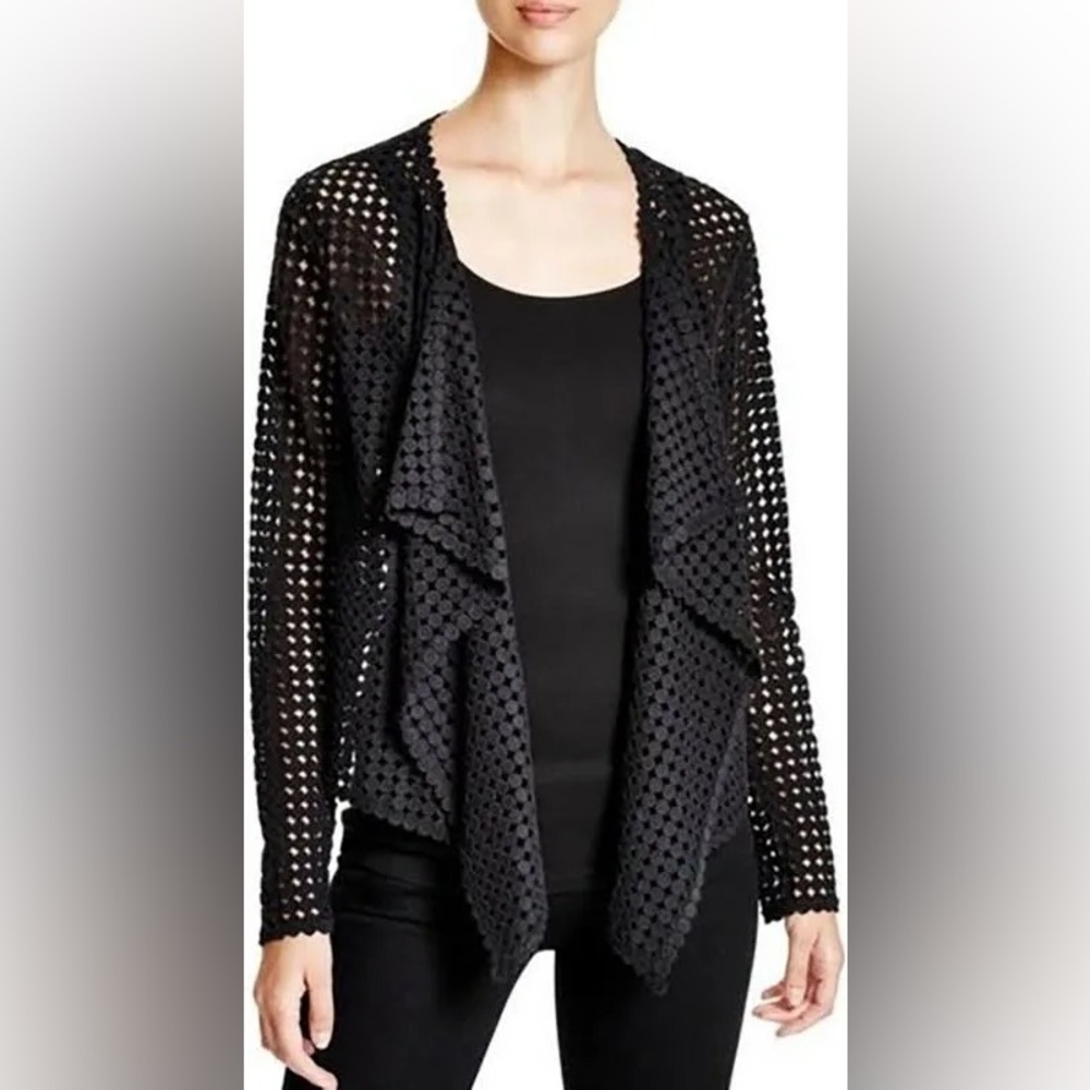 $298 ELIE TAHARI M Black Harla Perforated Cascade Jacket Sheer Spring Open Knit